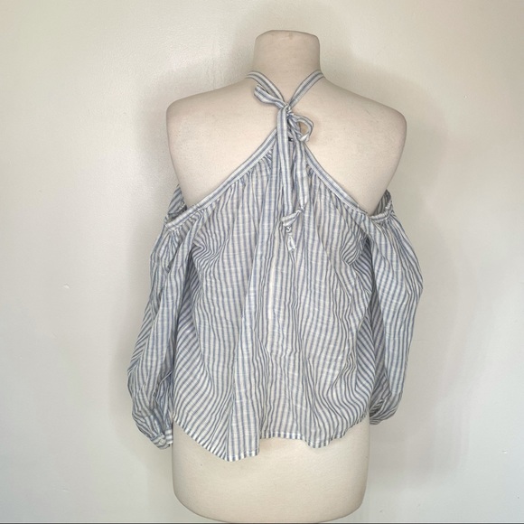 Lucky Brand Off Shoulder Strappy Tie Top Blue White Stripe Boho Medium Crop - Picture 3 of 13